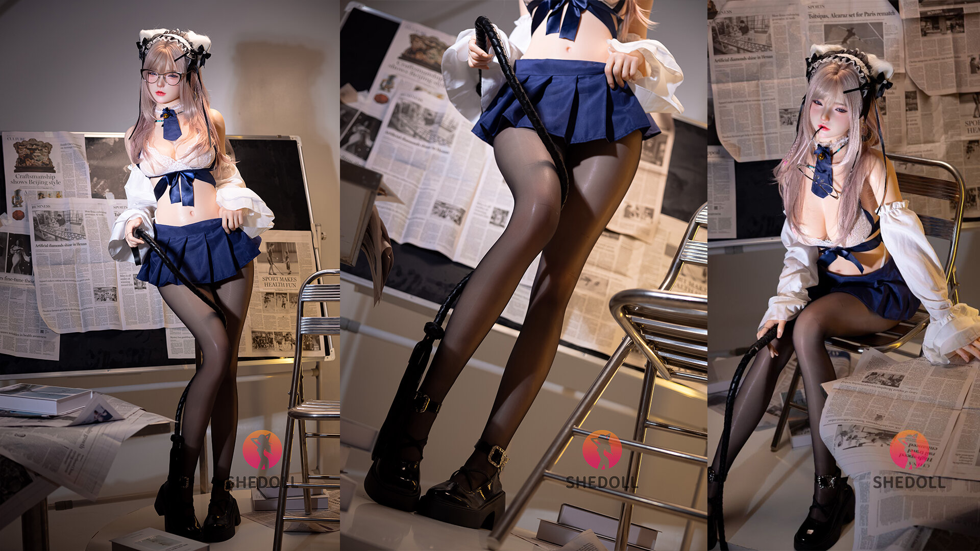 SHEDOLL Premium EVO-Skeleton - Sofa Biomechanics Test: Doll leaning against linen cushions with optimized pelvic tilt (15&deg;) and controlled knee abduction (40&deg;), demonstrating shock-diffusion spine articulation for hyper-natural rest poses.